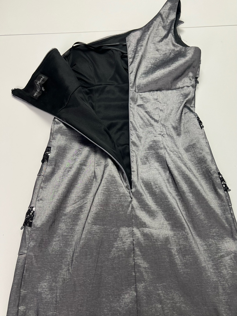 Betsy & Adam One Shoulder Bow Gray with Black Sequins Cocktail Formal Dress - Picture 15 of 16
